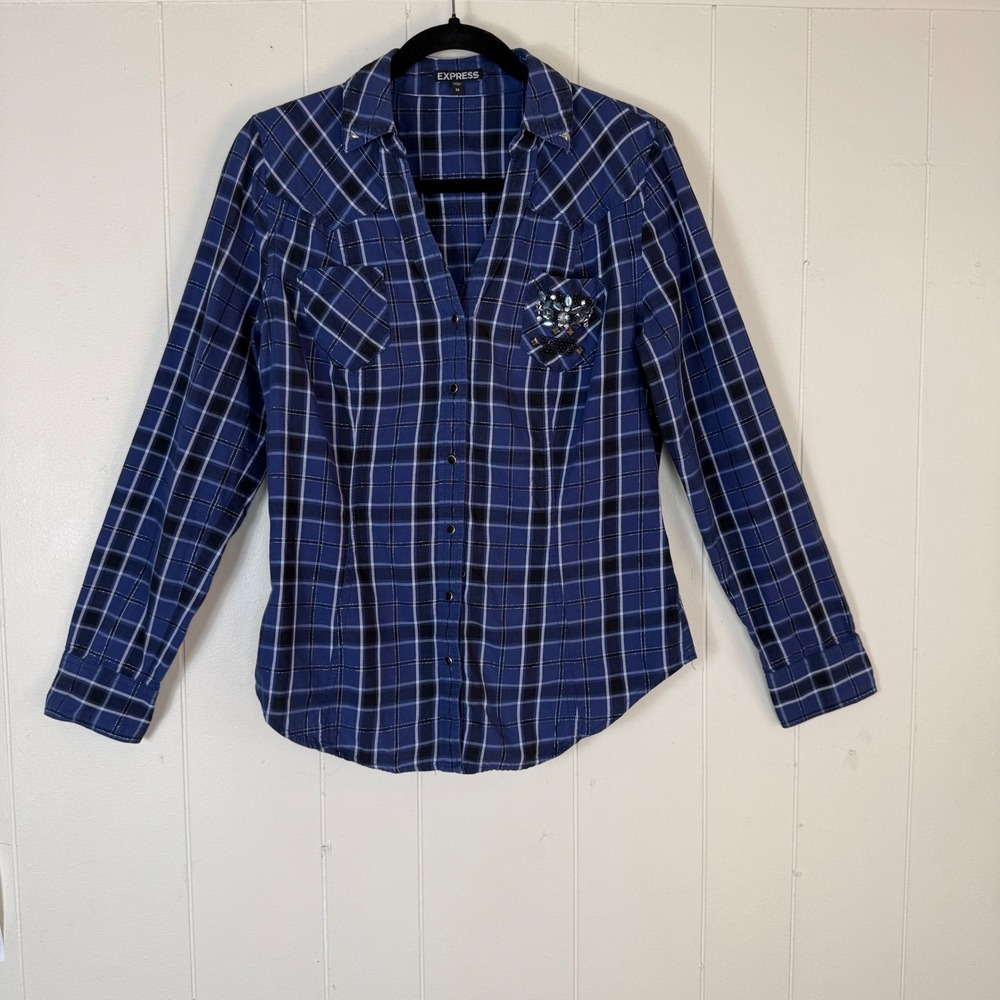 Express Womens Blue Plaid Embellished Western Snap Front Shirt Size M Cowgirl